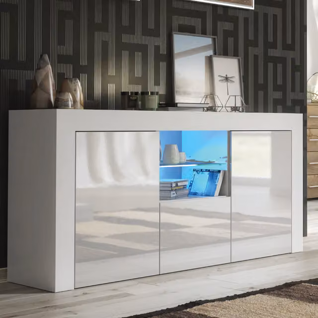 Creative Furniture Aurora Modern Glossy White Sideboard, W: 145 cm, H: 70 cm, D: 35 cm