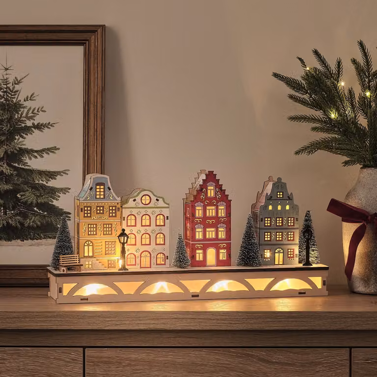 Lights4fun Pre Lit Winter Town Wooden Tabletop Scene in Multicolour