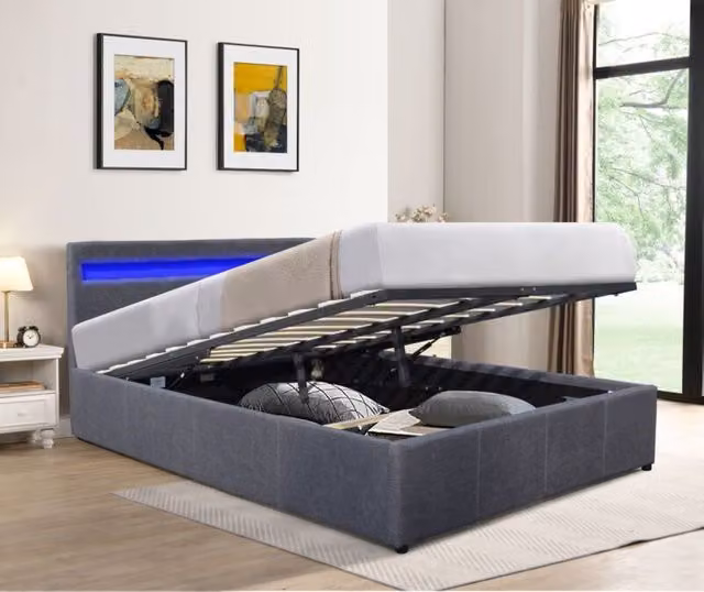 Comfy Living Ltd Modern Fabric Ottoman Bed Frame with LED Under-bed Lighting in Dark Grey, Size: Double (140 x 200 cm) – 1
