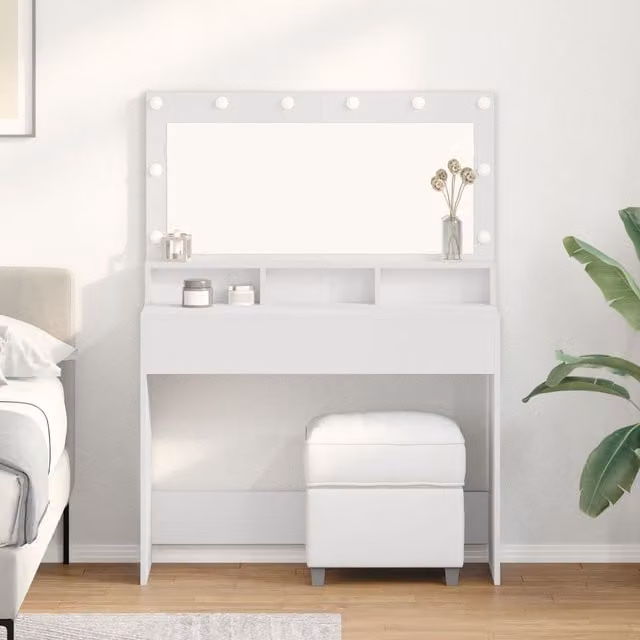 Berkfield Home White Modern Dressing Table with Hollywood LED Lights, W/D/H: 100 x 41 x 135 cm