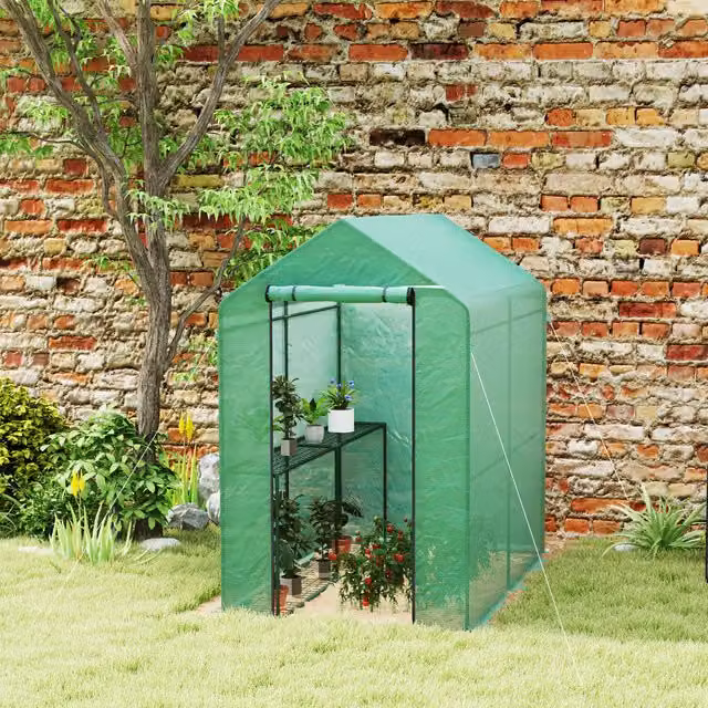 Outsunny Freestanding Walk In Greenhouse with Shelves and Roller, Green