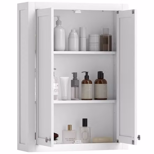 HOMCOM White Modern Wall Mounted Bathroom Cabinet with Internal Shelves and Hinged Doors W: 61 cm, D: 20 cm, H: 84 cm – 1