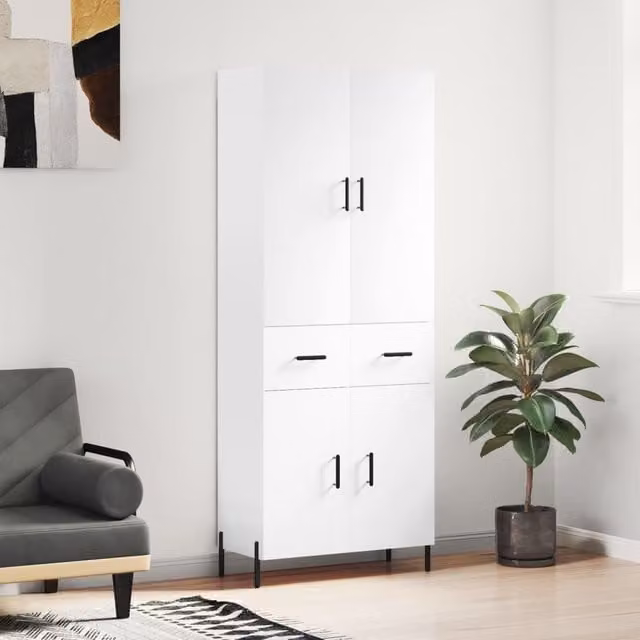 Berkfield Home White Modern Highboard with Hinged Doors and Internal Shelves, W/D/H: 69.5 x 34 x 180 cm