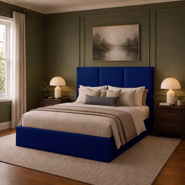Desire Deco Stanley Upholstered Plush Velvet Bed Frame in Blue, Size: 180 x 200 cm