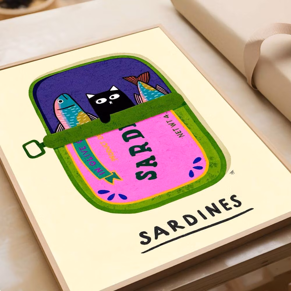 The Paper Tail Black Cat and Sardines Multicolour Wall Art Illustration Print – 3
