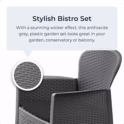 idooka 3 Piece Rattan Wicker Effect Bistro Set in Anthracite Grey, including Coffee Table and 2 Chairs for Garden, Balcony or Terrace – 2
