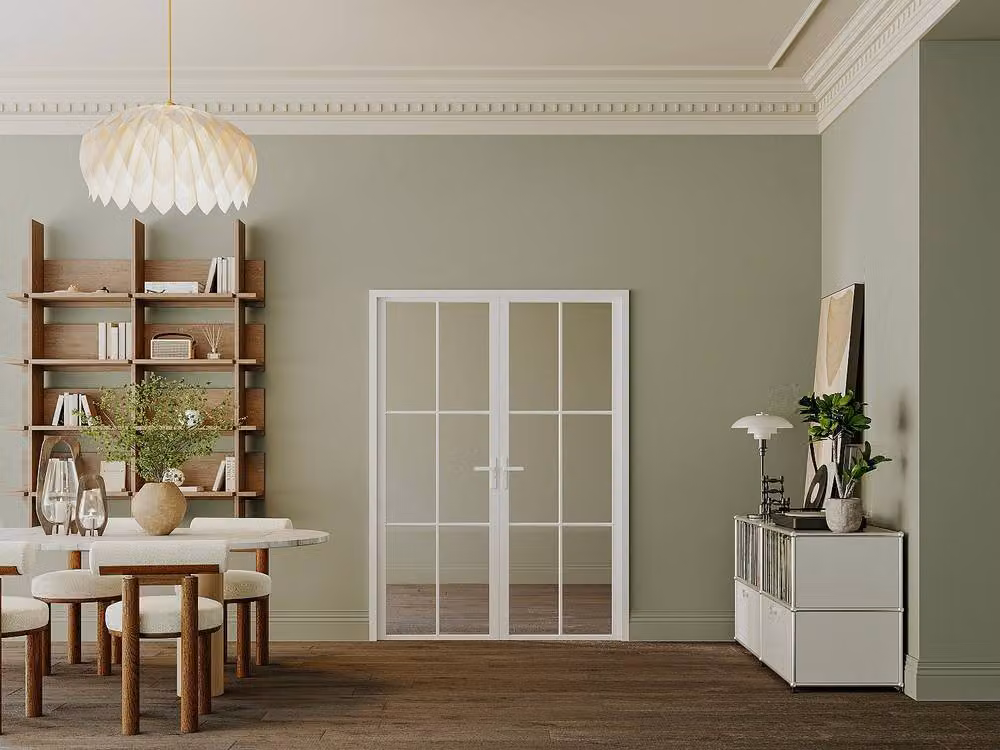 Vente-unique Reversible Double-Leaf Modern Aluminium and Tempered Glass Swing Door Set in White – 2