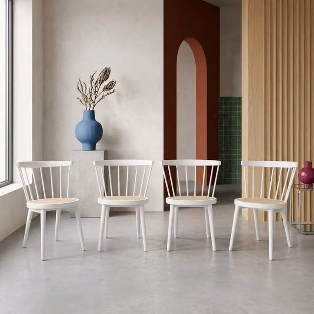 sweeek Set of 4 Mid-Century White Rubberwood and Rattan Dining Chairs – 1