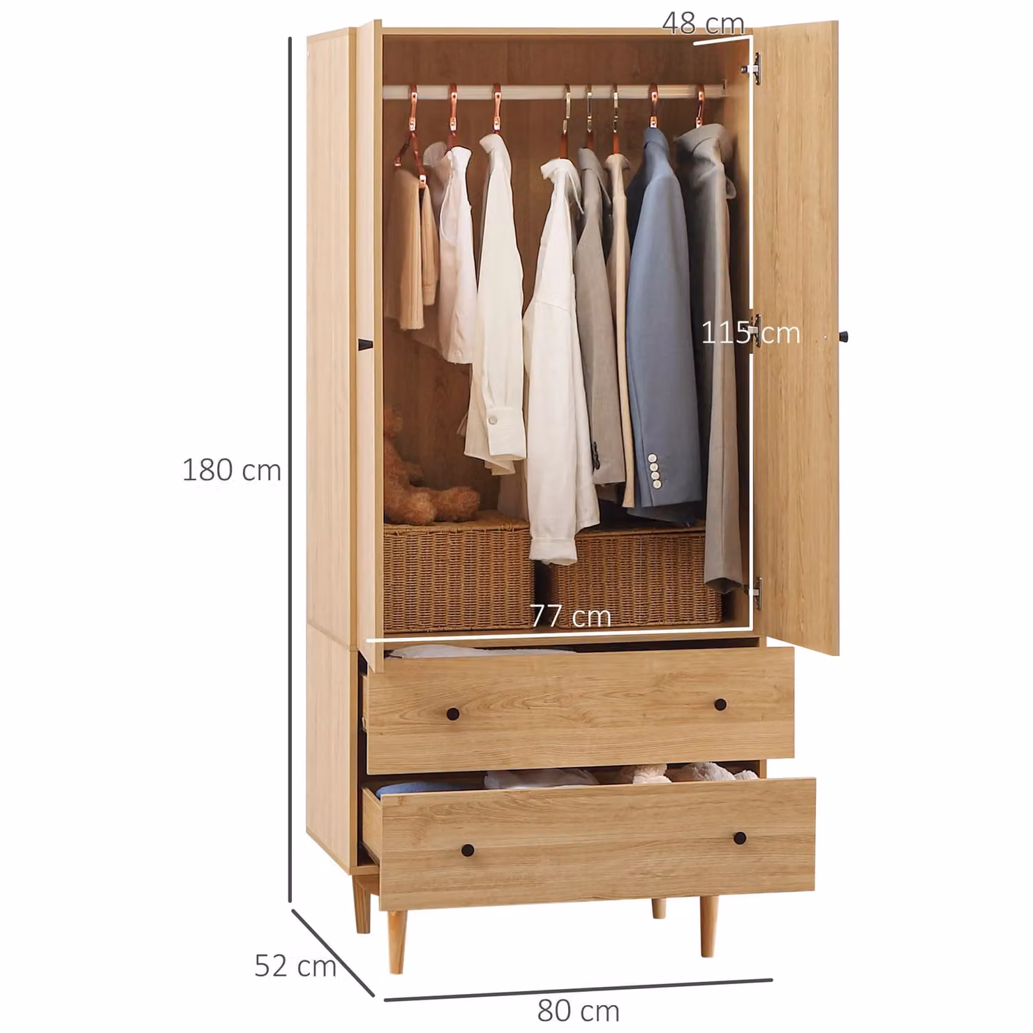 HOMCOM Modern 2 Door Wardrobe with 2 Internal Drawers and Hanging Rail in Brown – 2