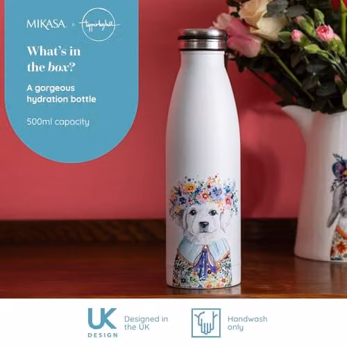 Mikasa Tipperleyhill Insulated Stainless Steel Water Bottle with Puppy Illustration, White and Multicolour, 500ml – 2