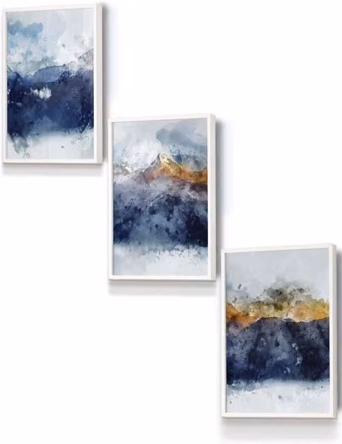 ARTZE Abstract Boho Mountains Framed Wall Art, Blue, Yellow and White Landscape Illustration, W: 33 cm, H: 45 cm, D: 2 cm