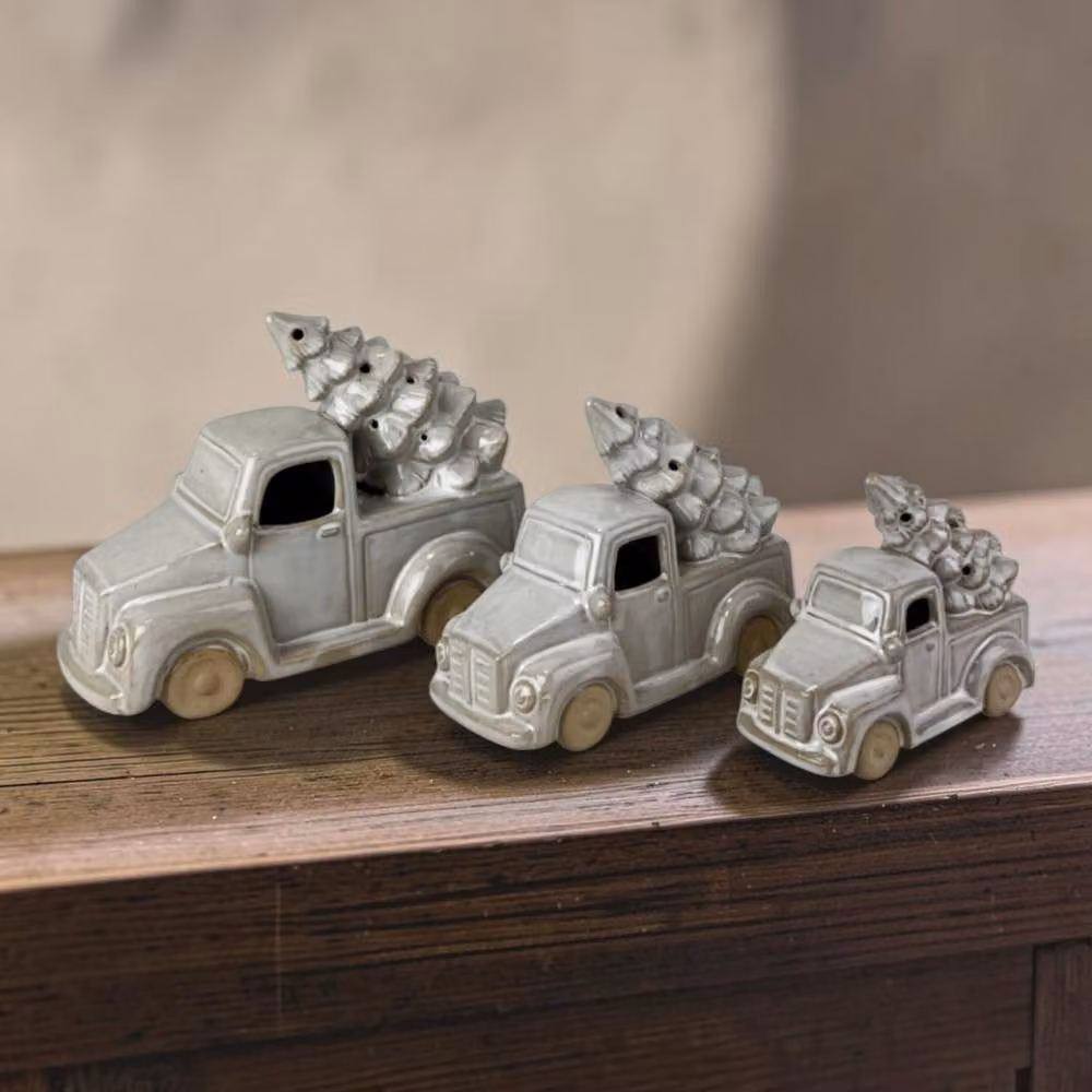 Four Candle White Glazed Ceramic LED Christmas Truck with Tree Ornament, Height: 22 cm – 2
