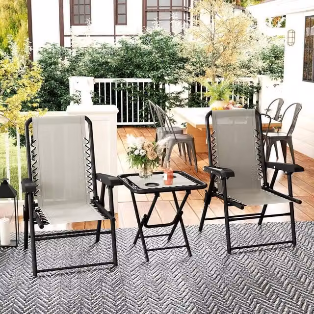 OUTSUNNY 3 Piece Folding Garden Bistro Set with Cup Holders in Cream White – 1