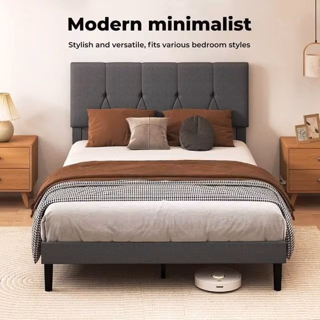 EONLION Upholstered Linen Double Bed Frame in Grey, W/D/H: 140 x 200 cm