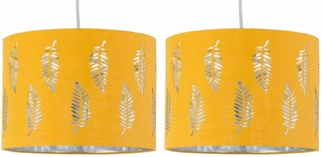 First Choice Lighting Set of 2 Fern Ochre Cut Out Round Fabric Pendant Lightshades in Yellow, Diameter: 30 cm