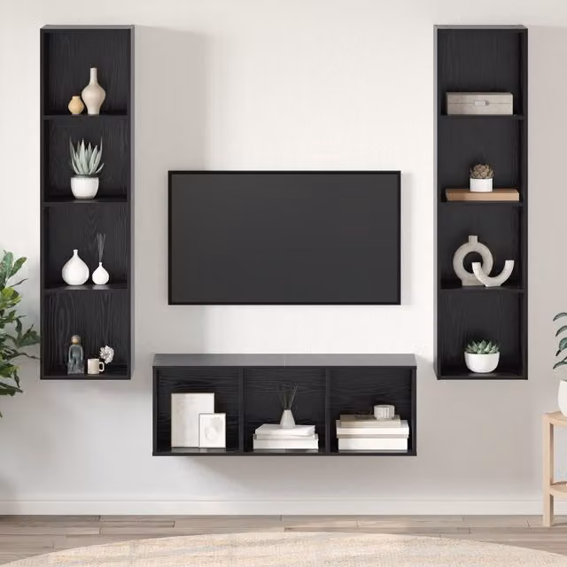 Berkfield Home 3-Piece Wall-Mounted TV Cabinet and Shelf Set in Black Oak – 1