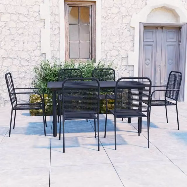 Berkfield Home 7 Piece Garden Dining Set with Black Glass and Powder Coated Steel – 1