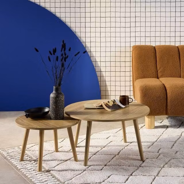 sweeek Pair of Round Nesting Coffee Tables with Wood Effect in Grey and Brown