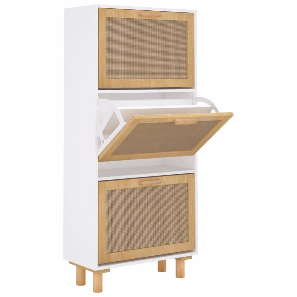 Berkfield Home White Shoe Cabinet with Natural Rattan and Tilting Compartments, W/D/H: 52 x 25 x 115 cm – 2