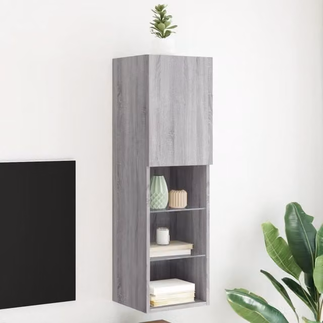 Berkfield Home TV Cabinet with LED Lights in Grey Sonoma, W/D/H: 30.5 x 30 x 102 cm