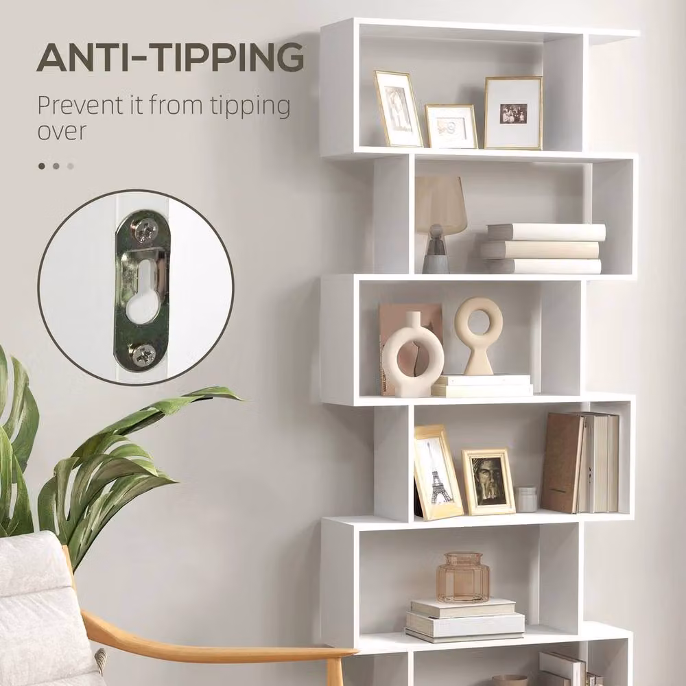 Havendro 6-Tier Modern S-Shaped Wooden Storage Shelf Unit, White, H 192 x W 23 x D 23 cm – 2