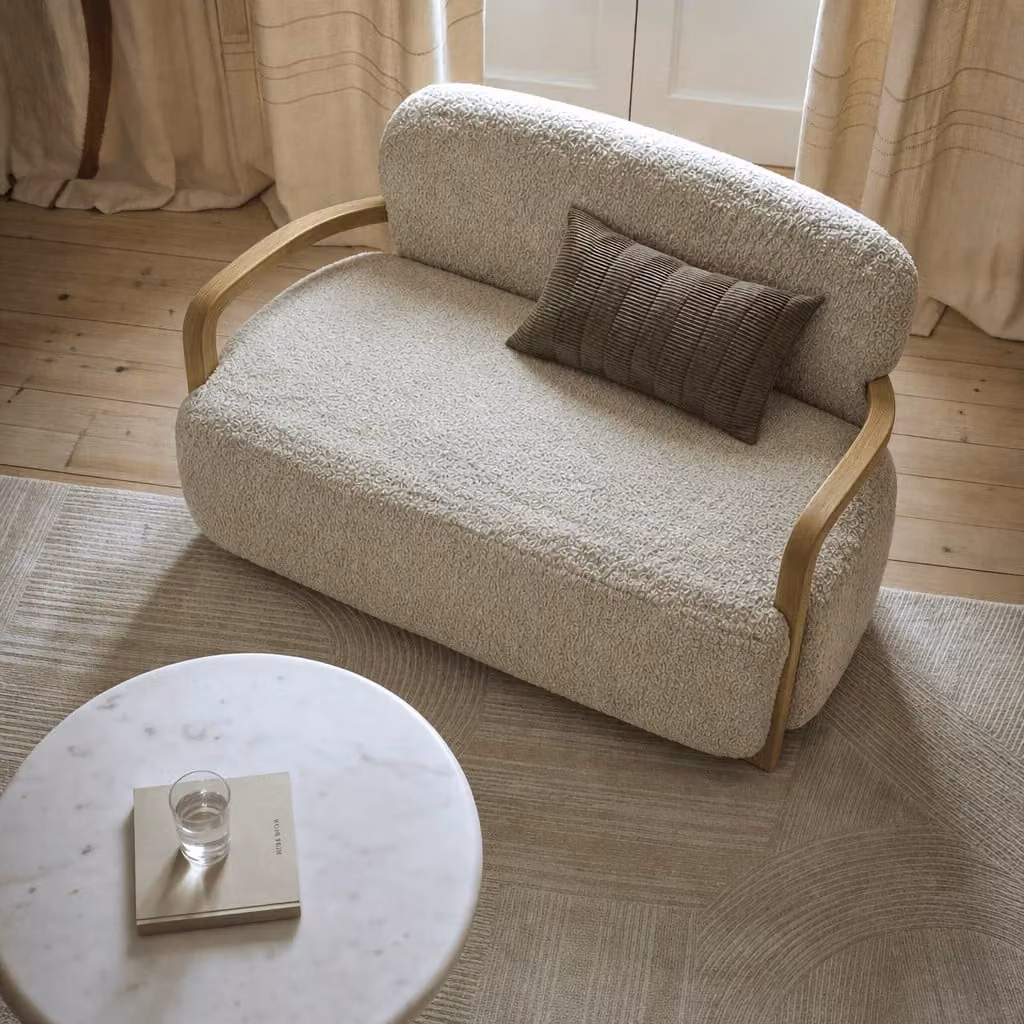 Atkin & Thyme Aviator Loveseat in Beige Bouclé Fabric with Mango Wood Frame