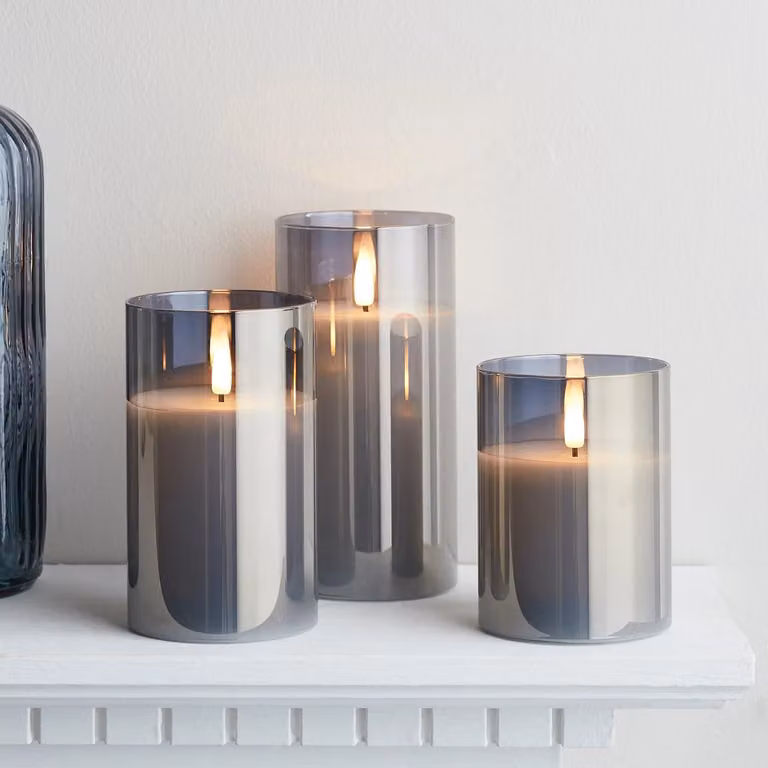 TruGlow® Smoked Grey LED Glass Pillar Candle Trio with Remote Control and Timer