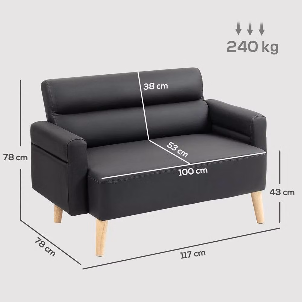 FORGEVIO Modern 2 Seater Faux Leather Sofa in Black with Rubberwood Legs – 2