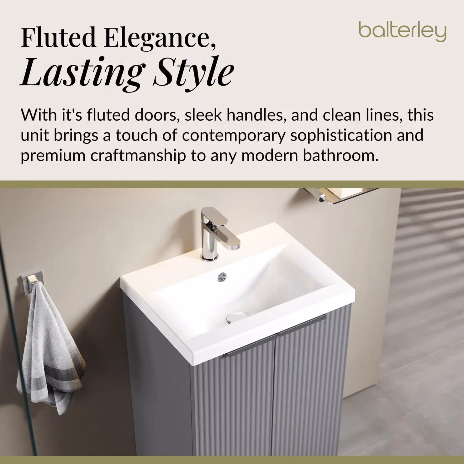Balterley Fluted Front Floor Standing 2 Door Vanity Basin Unit, Satin Grey, W: 50 cm, H: 85 cm – 3