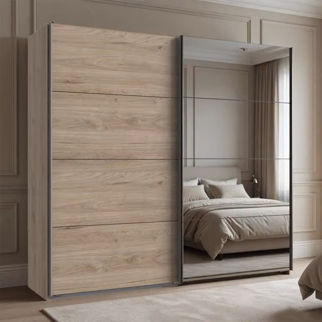 Ernie 225cm Sliding Wardrobe in Hickory Oak with Mirror and Internal Shelving
