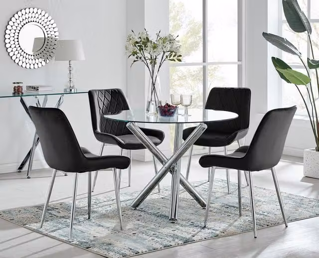 FurnitureboxUK Selina Round Glass Dining Table with Chrome Leg and 2 Pesaro Black Upholstered Chairs with Silver Legs – 1