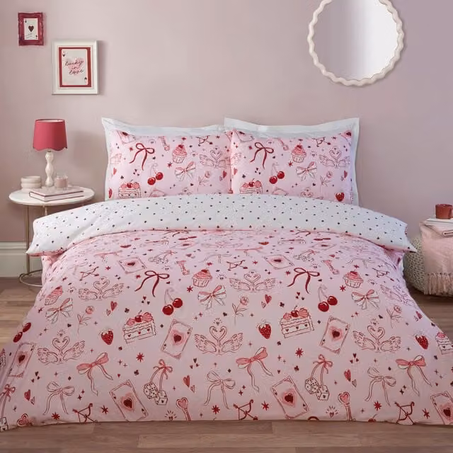 My Home Lucky In Love Graphic Duvet Cover Set, Pink, 200 x 200 cm