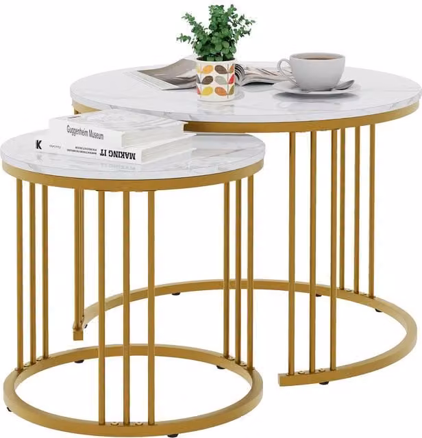 Huhote Set of 2 Modern Round Nesting Tables with White Marble Finish Top and Black or Gold Metal Frame