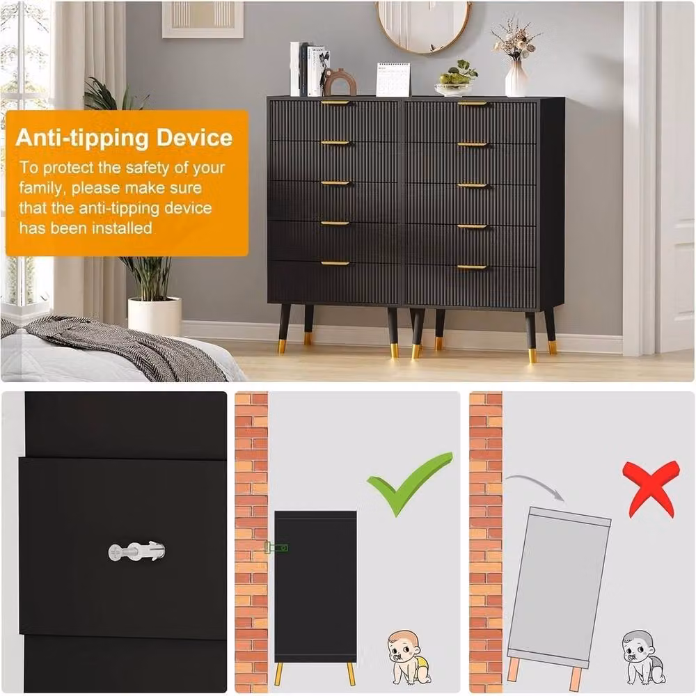 VOGREX 5-Drawer Tall Dresser in Black with Gold Metal Handles – 4