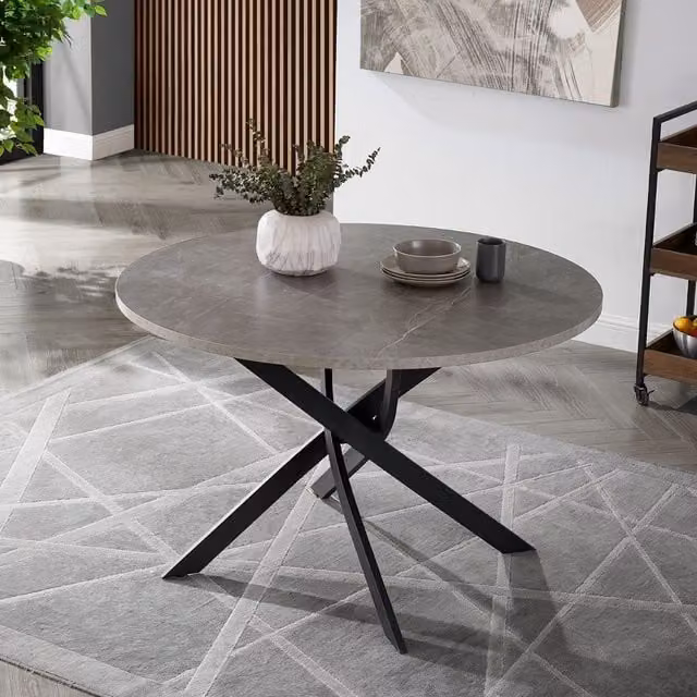 Home Detail Rico Round Concrete Effect Dining Table in Grey with Black Metal Legs, Diameter: 100 cm