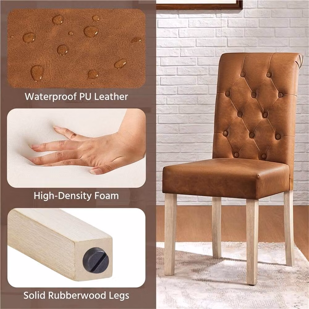 Kelvenix Set of 2 Retro Brown Fabric and Synthetic Leather Dining Chairs with Rubberwood Legs – 3