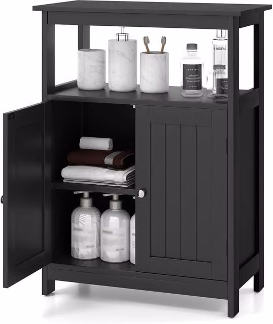 Gymax Modern Black Freestanding Bathroom and Living Room Floor Cabinet with 2 Hinged Doors and Internal Shelves – 1