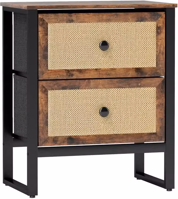 Kelvenix Bedside Table with 2 Rattan Drawers and Steel Legs in Brown