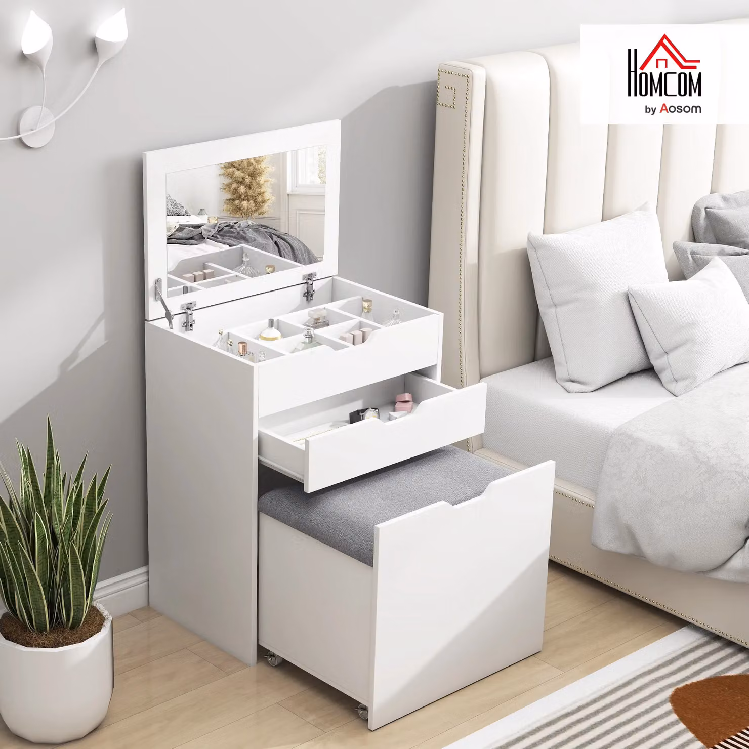 HOMCOM Dressing Table Set with Flip-up Mirror and Storage Stool in White – 2