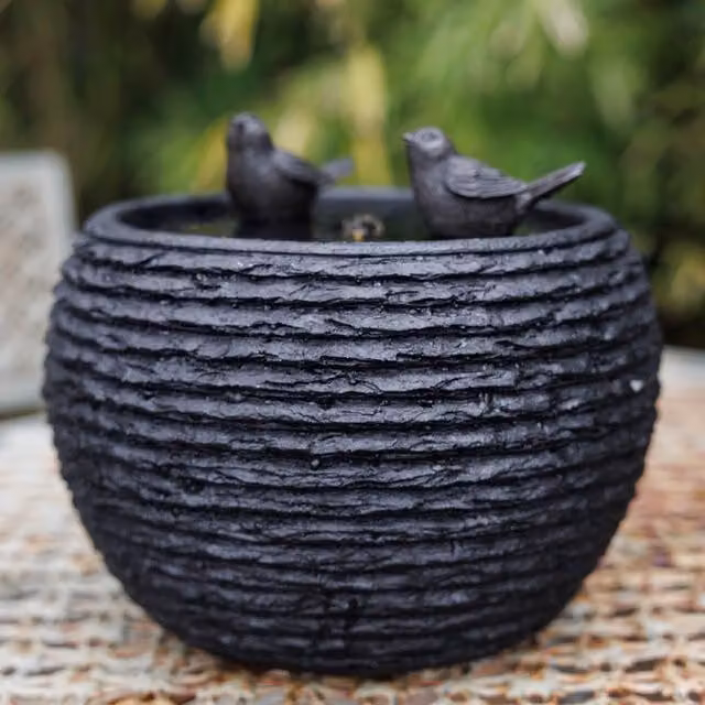 Primrose Textured Sphere Solar Water Feature with LED Lights and Bathing Birds in Black