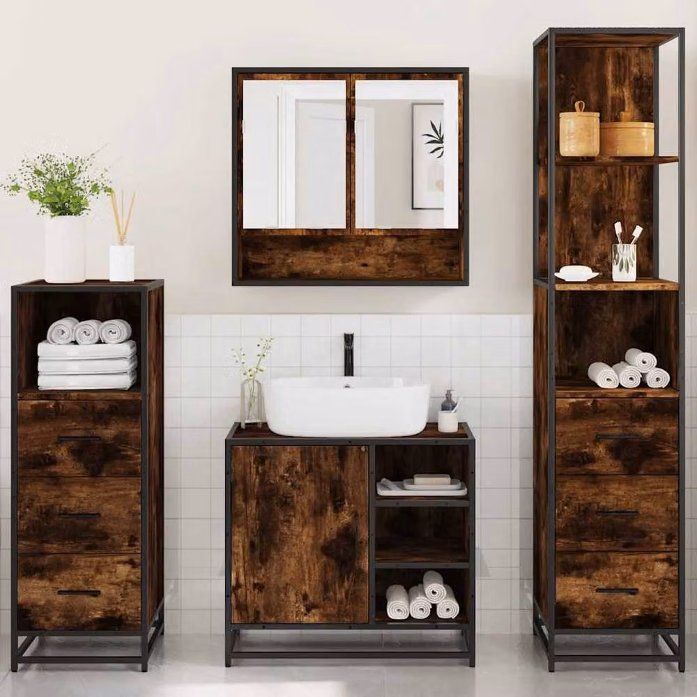 Berkfield Home 4-Piece Industrial Bathroom Furniture Set in Smoked Oak and Brown – 3