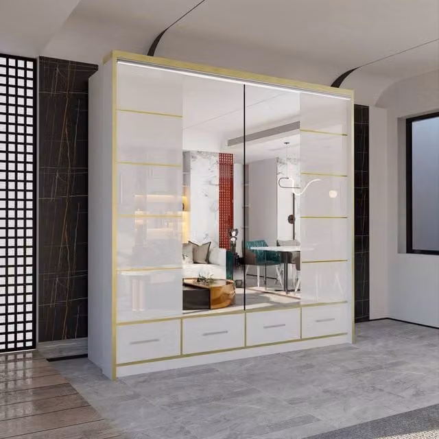 Sliding Wardrobes 4U Modern Gloss Wardrobe with LED Light and Mirror Doors, White, W/H: 203 x 220 cm