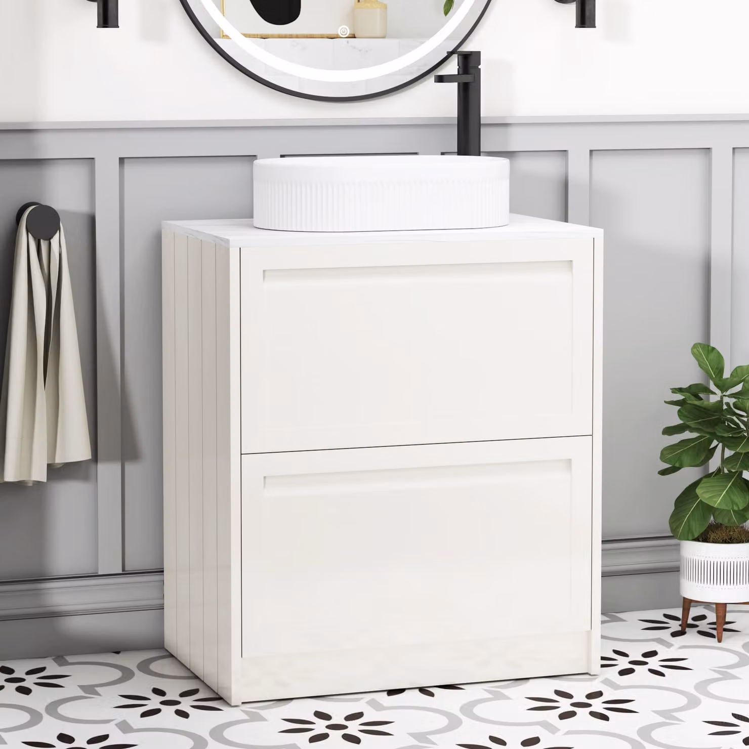 Royal Bathrooms Elmore Classic White Floor Standing Countertop Vanity Unit with Lyon Basin and 2 Drawers
