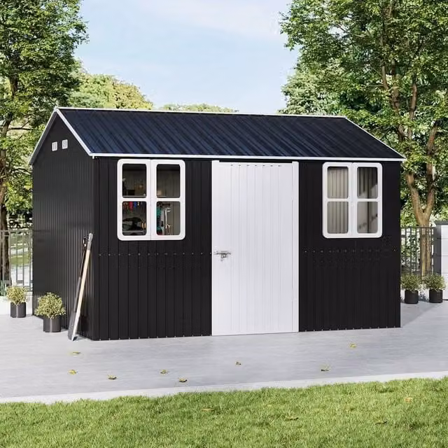 NESTLUNE Black Galvanised Steel Garden Tool Storage Shed with Gable Roof – 1