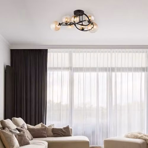 Netlighting Tuberius Multi Arm Semi Flush Ceiling Light in Black with Amber Glass Spheres for 7x G9 Bulbs – 2