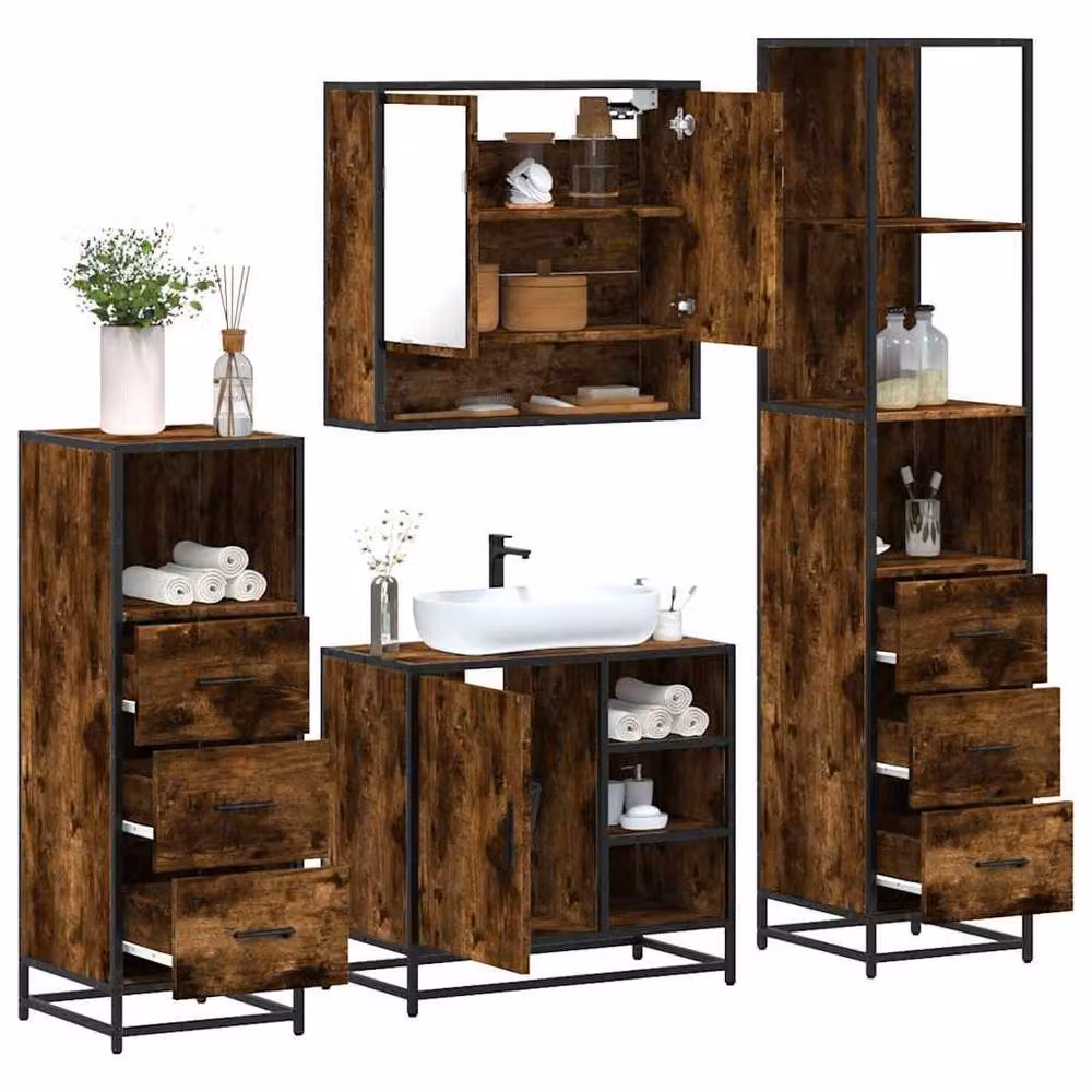 Berkfield Home 4-Piece Industrial Bathroom Furniture Set in Smoked Oak – 2