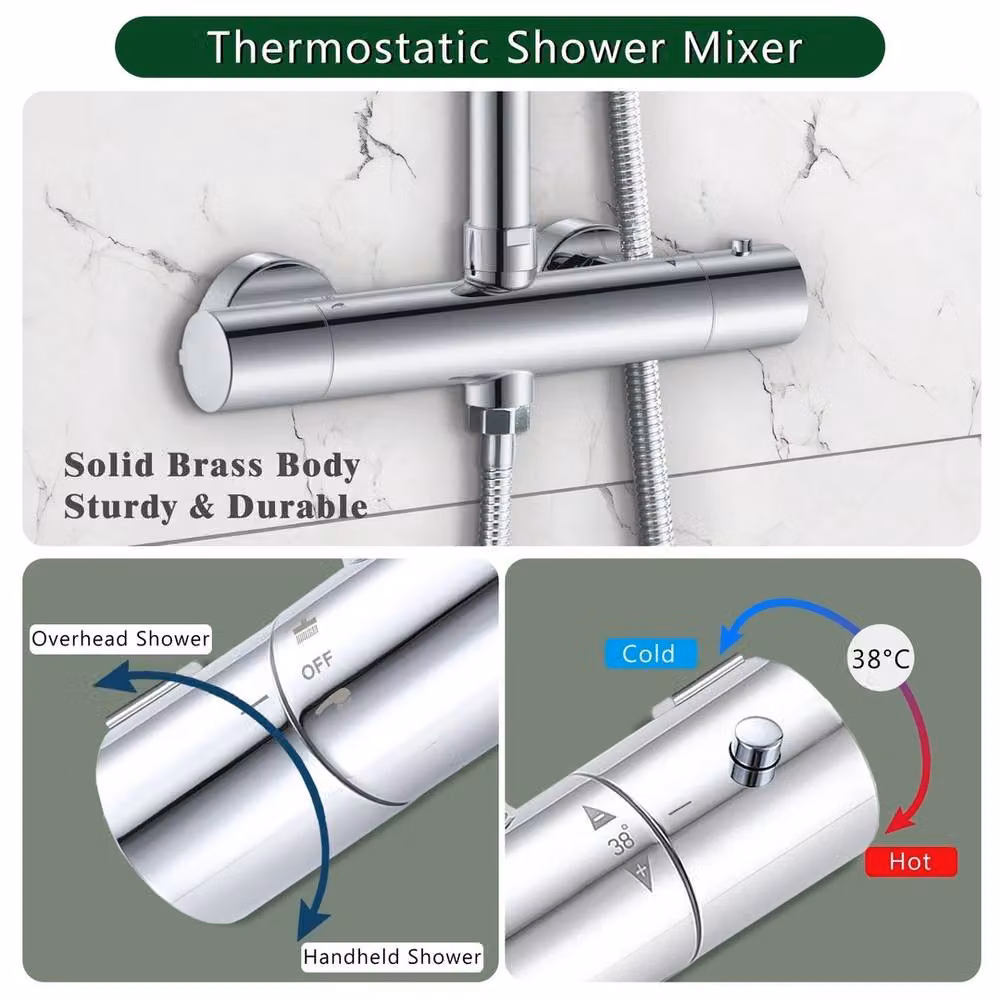 FLAVORA Exposed Thermostatic Twin Shower Set with Two Handles in Silver Chrome – 2
