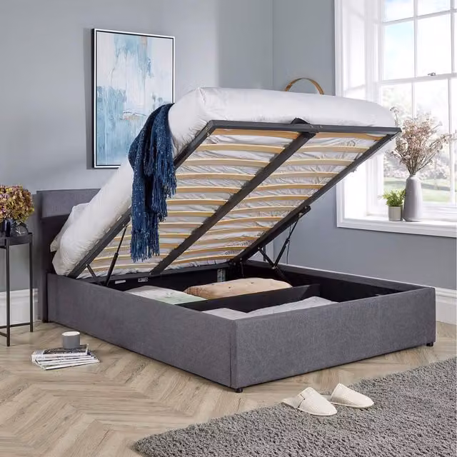 Home Source Endura End Lift Ottoman Bedframe in Grey Fabric, Small Double, W/D/H: 120 x 200 cm