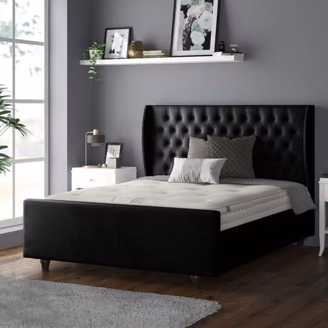 IH Design Aurora Chesterfield Wing Plush Velvet Bed Frame with Matching Buttons - Black / Single