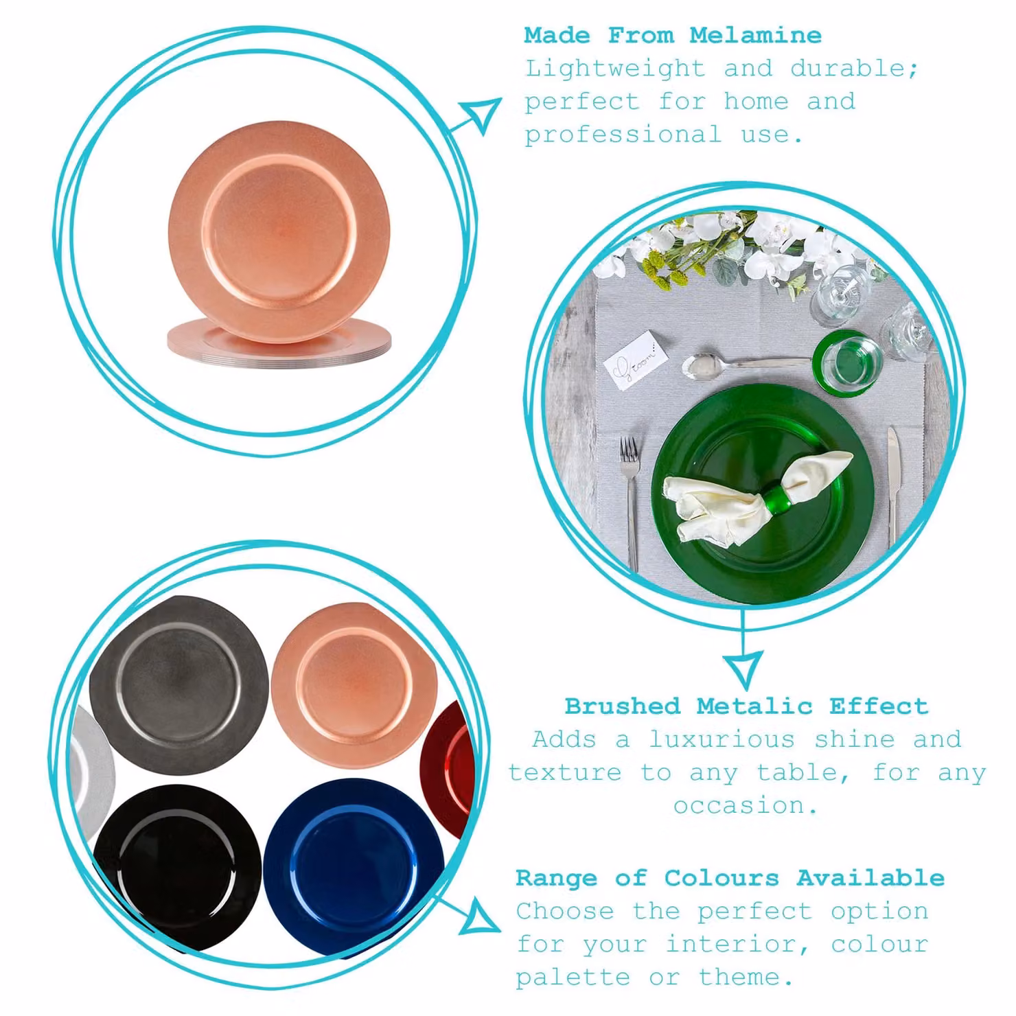 Argon Tableware 12pc Metallic Charger Plates and Coasters Set in Black Melamine, Diameter: 33 cm – 6
